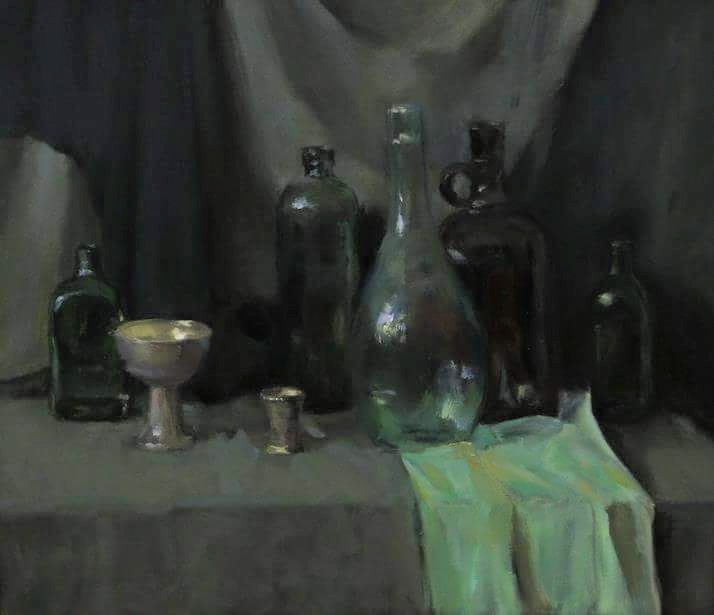 Still life painting- green bottles 2012 by Nina Forsman